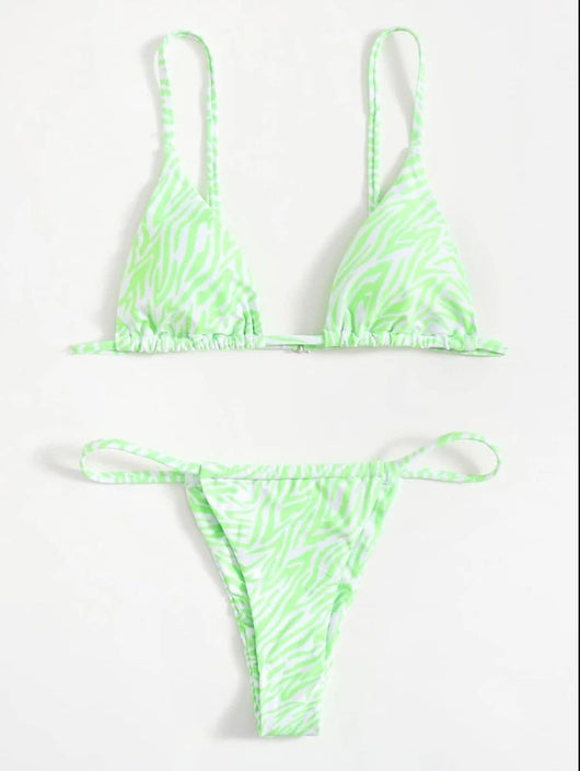 Pink and orange zebra print two-piece bikini with triangle top and high-cut tie-side thong bottom. - Image 2