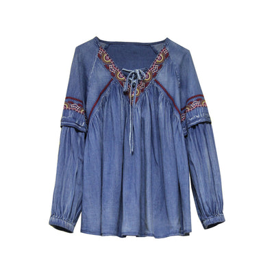Camisa de Mezclilla Talla Grande con Mangas Farol y Bordado Retro - Image 2