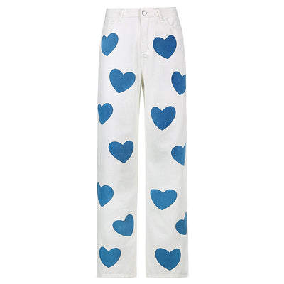 Pantalón Denim Talle Alto Recto con Estampado de Corazones - Image 8