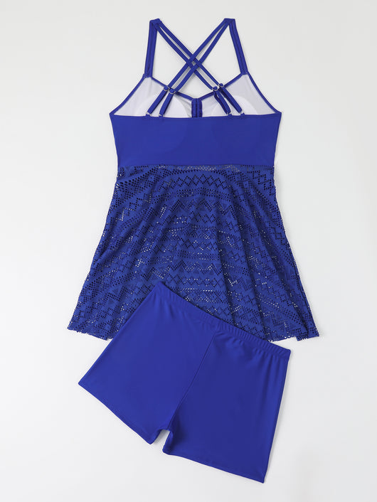 Plus size red two-piece swimsuit with a sling top and a laser-cut swim skirt, worn with a straw hat. - Image 35