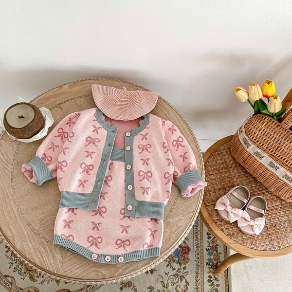 Cardigan Romper de Punto con Cuello Concha y Moño - Manga Larga