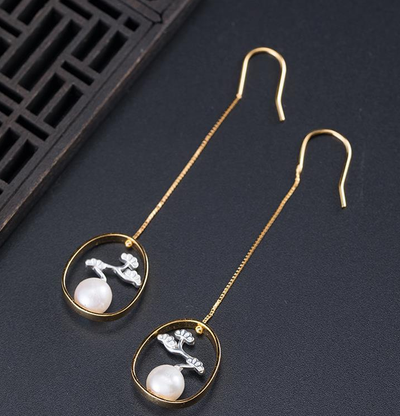 Aretes de Perla de Agua Dulce Plata 925 Estilo Retro - Image 3