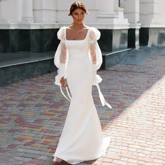 Vestido de Novia Sirena en Satén Elegante con Mangas Puff Largas - Image 10