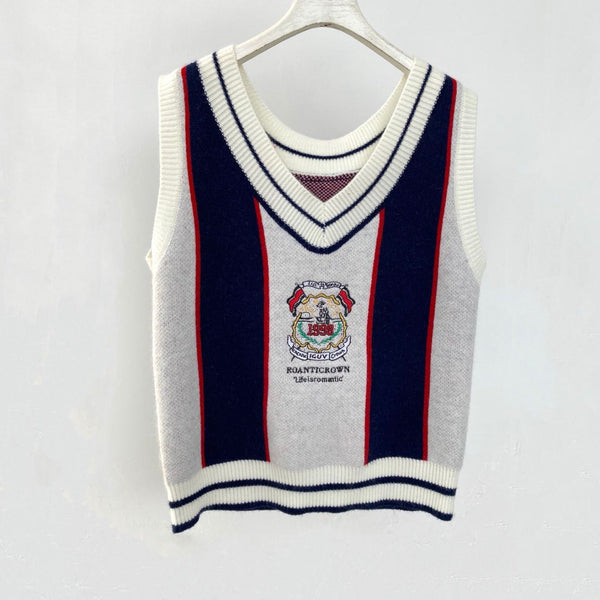 Chaleco Tejido Bordado Estilo Universitario para Otoño e Invierno