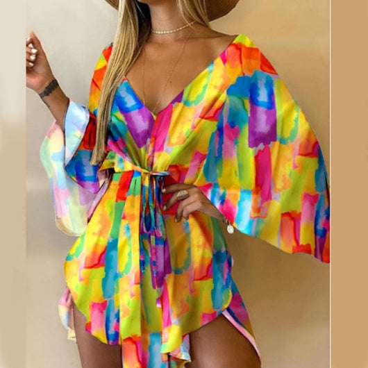 Vestido Elegante Escote V con Mangas Murciélago y Detalle de Cordones - Image 2