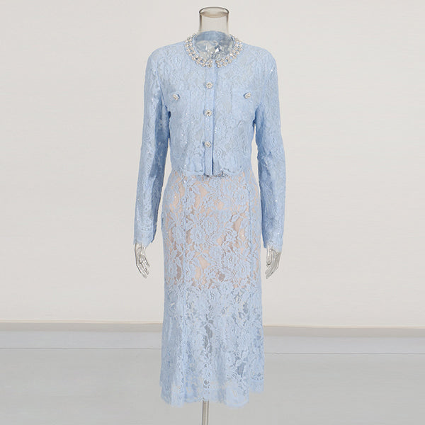 Conjunto Elegante con Blusa de Encaje Diamantado y Falda Cintura Alta - Image 6