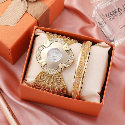 Reloj Elegante Floral Ovalado con Malla Dorada y Plateada - Image 3