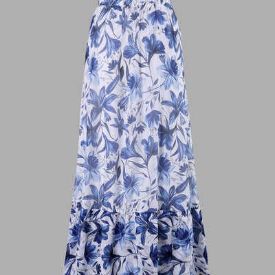 White and green floral print one-piece swimsuit with tie-shoulder straps and matching long chiffon skirt. - Image 4