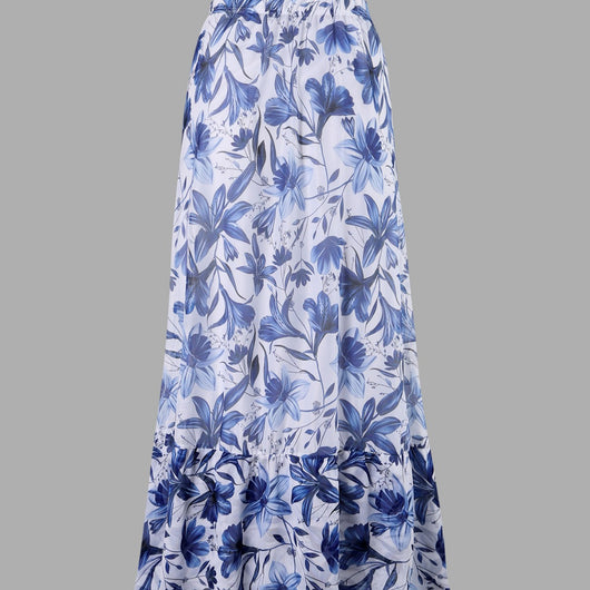 White and green floral print one-piece swimsuit with tie-shoulder straps and matching long chiffon skirt. - Image 4