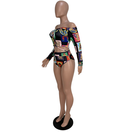 Women's colorful geometric print long-sleeve off-the-shoulder crop top and high-waisted bikini bottom swimsuit. - Image 9