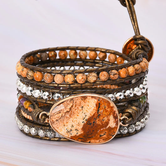 Pulsera de Cuero con Piedra de Imagen Natural y 5 Anillos Enrollados - Image 9