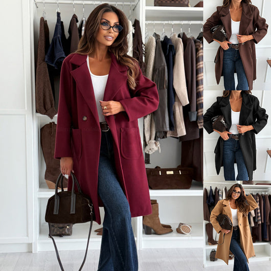 Abrigo de Lana Simple de Color Sólido con Manga Larga para Otoño e Invierno - Image 13