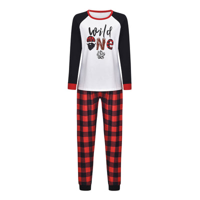 White long-sleeve pajama top with "wild one" graphic and red and black plaid pants. - Image 2