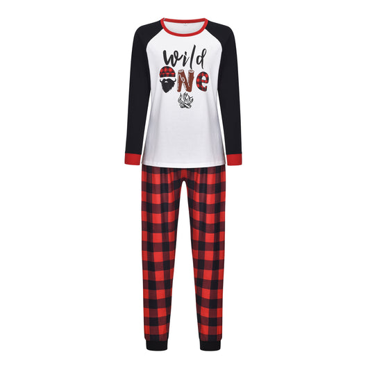 White long-sleeve pajama top with "wild one" graphic and red and black plaid pants. - Image 2