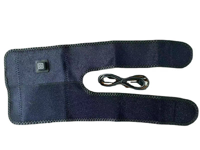 Black electric heating kneecap cover with hot compress massage, shown on a leg with a hand pressing the power button, indicating heat. - Image 13