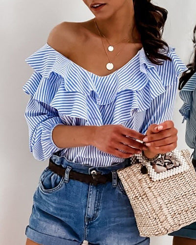 Blusa Rayada Cuello V Manga Larga Versátil para Mujer - Image 11