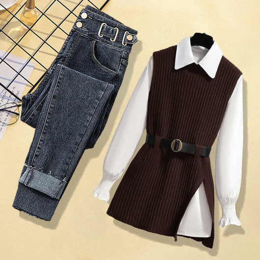 Conjunto de 3 Piezas: Chaleco Tejido, Camisa y Jeans para Mujer - Image 8