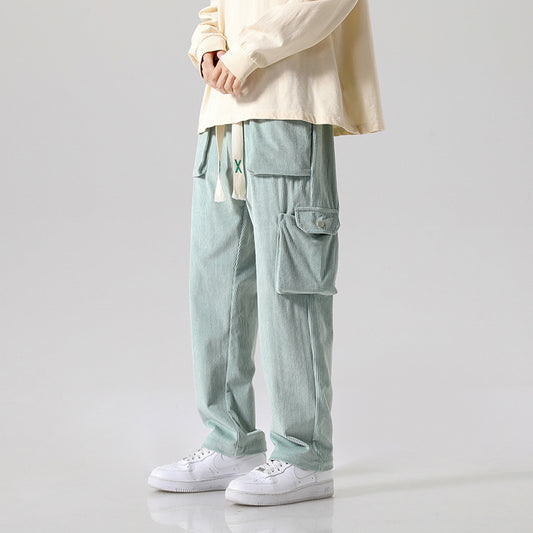 Pantalón Cargo Corduroy Holgado Multibolsillos de Corte Recto