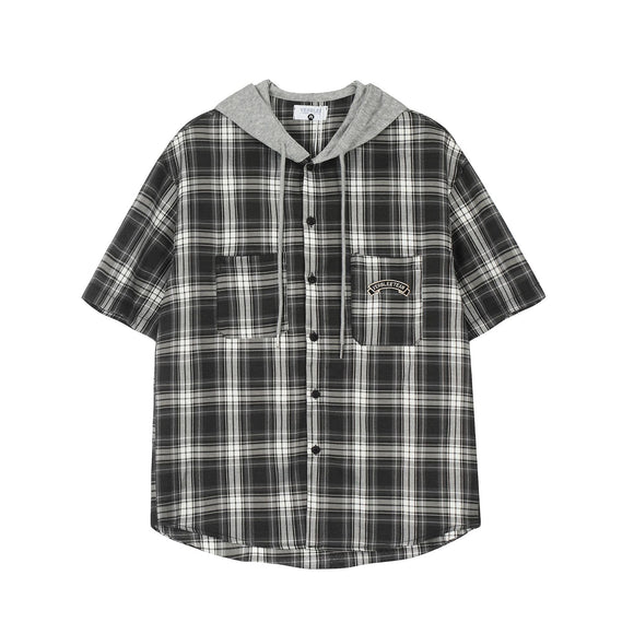 Camisa Cuadriculada con Capucha de Manga Corta para Hombre
