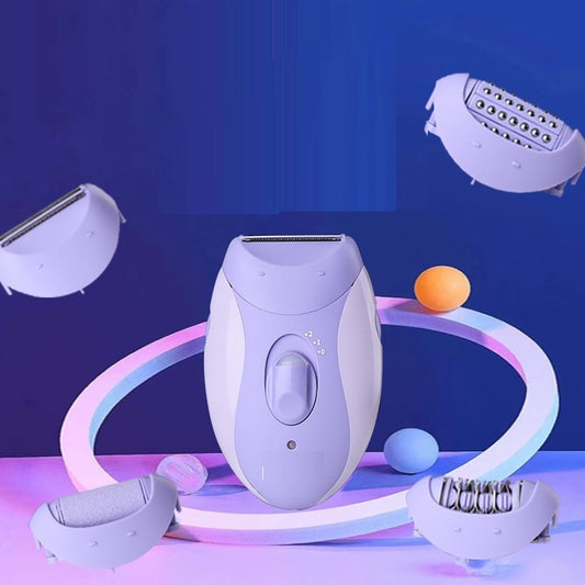Light purple and pink Kemei electric shaver with a shaving head and a power switch with speed settings.