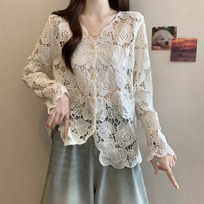 Blusa Larga de Encaje Calado con Mangas Largas para Mujer - Image 6