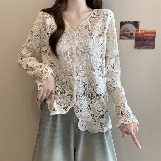 Blusa Larga de Encaje Calado con Mangas Largas para Mujer - Image 6