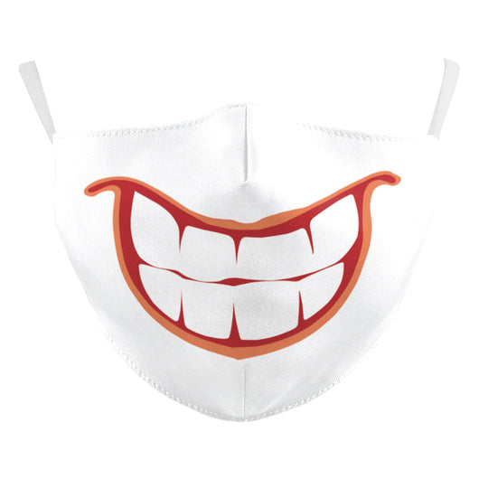 White ear hook dust mask with a black and white clown face design, featuring a wide stitched smile. - Image 6