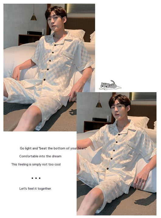 Pijama Hombre Verano Seda Hielo Talla Grande Manga Corta Jacquard Suave - Image 20