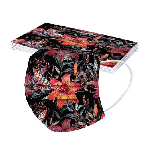 Stack of disposable facial masks with a watercolor floral pattern of red, pink, and orange roses and green leaves. - Image 14