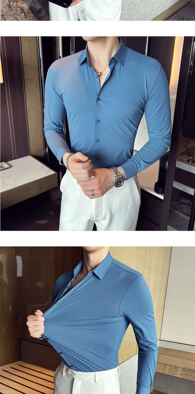 Camisa Ejecutiva Coreana Slim Fit de Punto Elástico para Hombre - Image 11