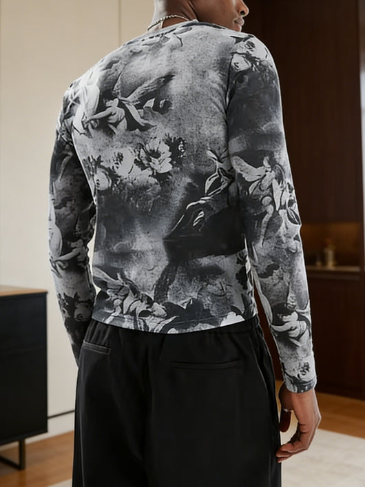 Blusa Clásica de Manga Larga con Estampado Artístico en Blanco y Negro - Image 2