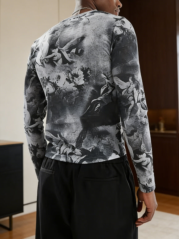 Blusa Clásica de Manga Larga con Estampado Artístico en Blanco y Negro
