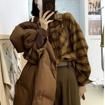 Blusa Cuadriculada Oversized Coreana de Manga Larga para Mujer - Image 3