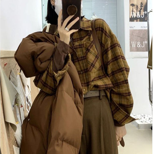 Blusa Cuadriculada Oversized Coreana de Manga Larga para Mujer - Image 3