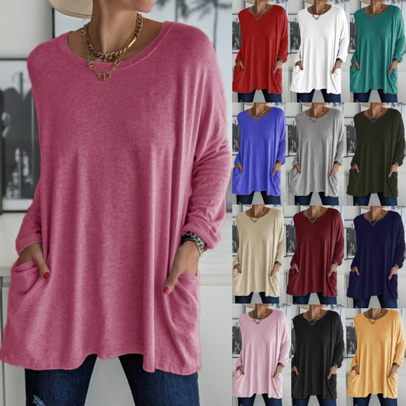Blusa Suelta de Manga Larga y Cuello Redondo con Bolsillos - Colores Sólidos