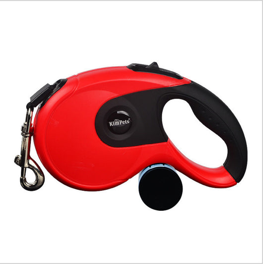 Blue and grey retractable dog leash with a black waste bag dispenser and a silver metal clip. - Image 14