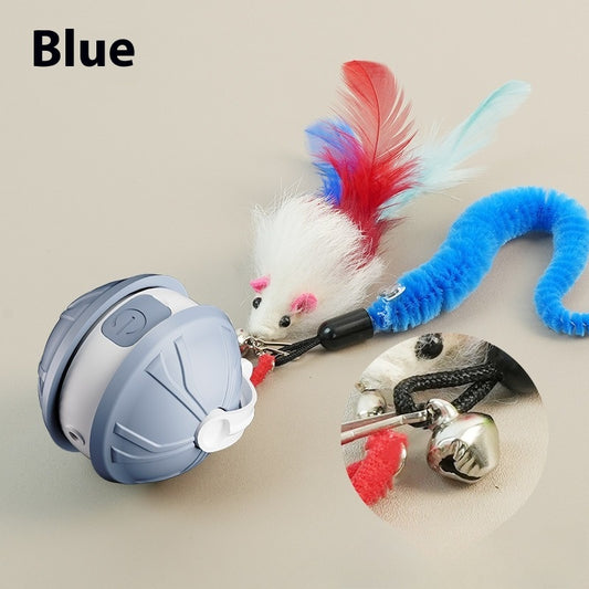 Green and white electric intelligent pet laser toy ball with power button, shown with mouse and worm attachments. - Image 2