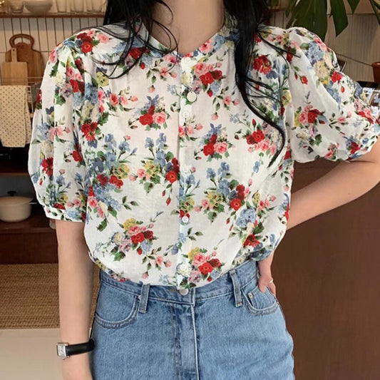Blusa Elegante Floral con Solapa - Manga Corta para Mujer