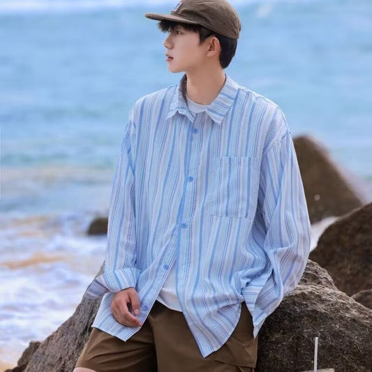Camisa de Manga Larga Protección Solar Holgada a Rayas para Hombre