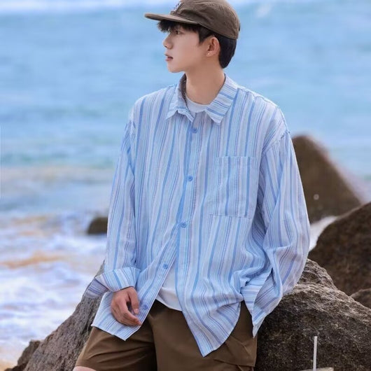 Camisa de Manga Larga Protección Solar Holgada a Rayas para Hombre