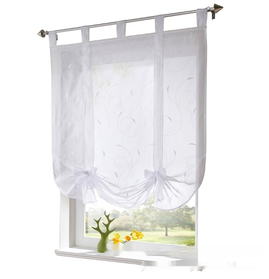 White sheer Roman window screen with red embroidered floral patterns and red ribbon ties, hanging from a silver rod. - Image 16