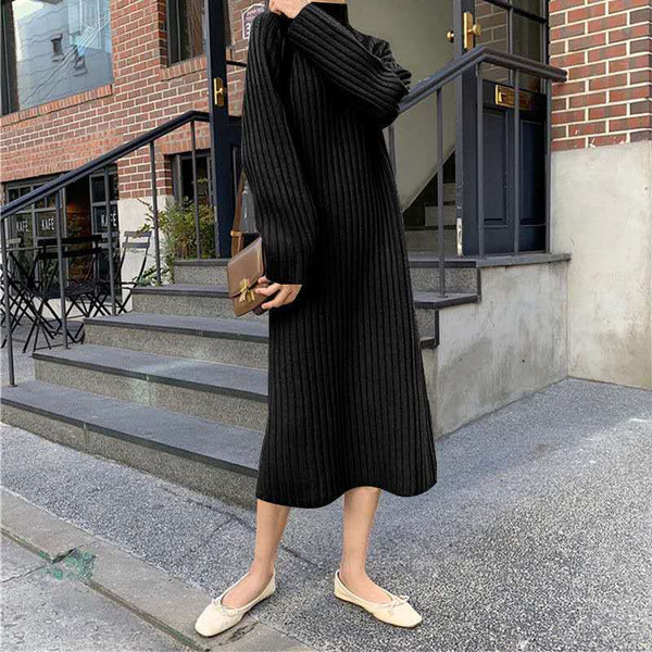 Vestido Tejido Largo Estilo Hepburn con Mangas Largas y Costuras