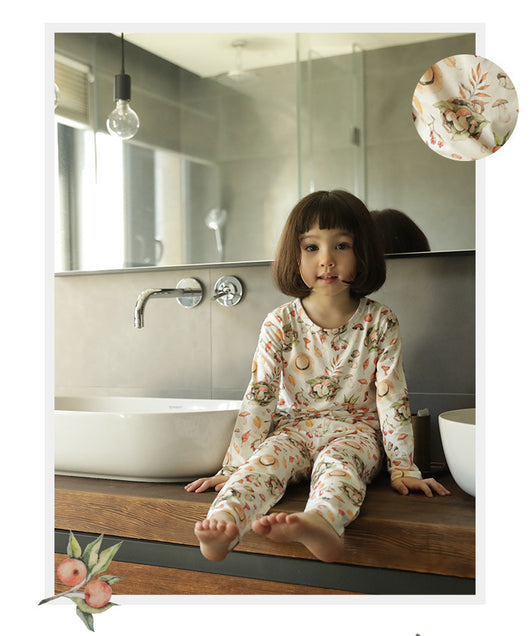 Bamboo cotton knitted parent-child pajama set with a pumpkin print long-sleeve top and solid light blue-grey pants. - Image 40