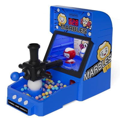 Red tabletop marble game machine with a joystick, buttons, and a lighted display, featuring colorful marbles. - Image 5
