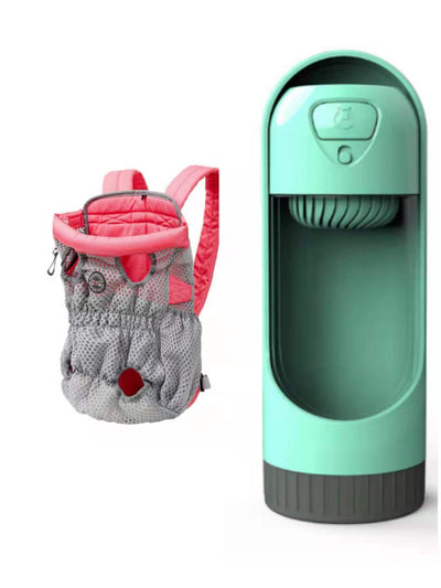 Navy blue mesh pet carrier backpack with leg holes and a light blue portable pet water bottle with a transparent reservoir. - Image 16