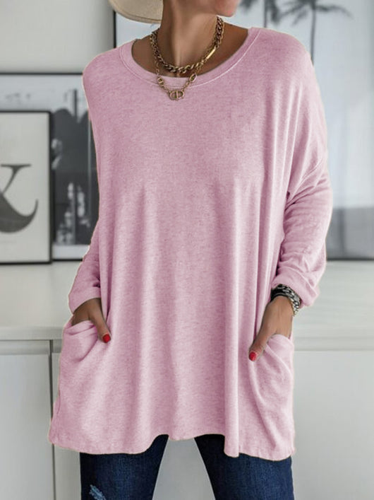 Blusa Suelta de Manga Larga y Cuello Redondo con Bolsillos - Colores Sólidos - Image 5