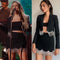 Traje Elegante Escote V con Falda Corta de Flecos Brillantes