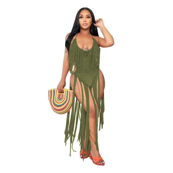 Traje de Baño Enterizo con Flecos Largos y Recortes