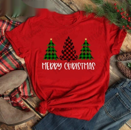 Red women's t-shirt with "Merry Christmas" text and three Christmas trees, featuring buffalo plaid and leopard print. - Image 20