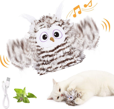 Interactive plush bird cat toy with brown and white fur, flapping wings, and a small tabby kitten observing. - Image 11